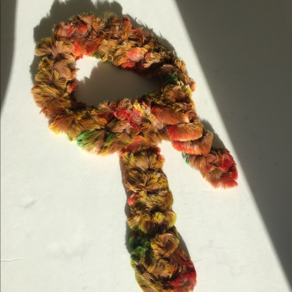 Soft & warm real fur winter scarf tan based colorblend red and green - Picture 6 of 6